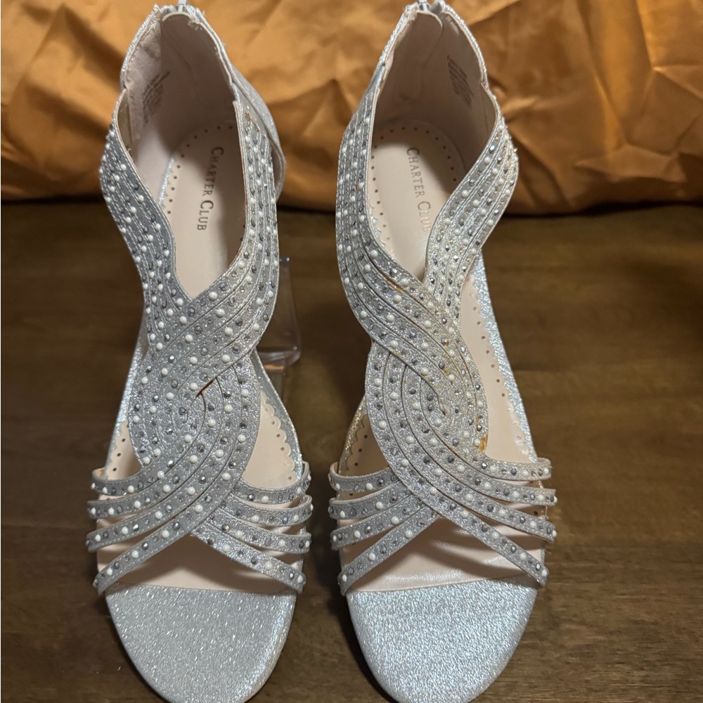 #1513 CHARTER CLUB FORMAL SANDALS SILVER & PEARLS. SLIGHT WEDGE HEEL.